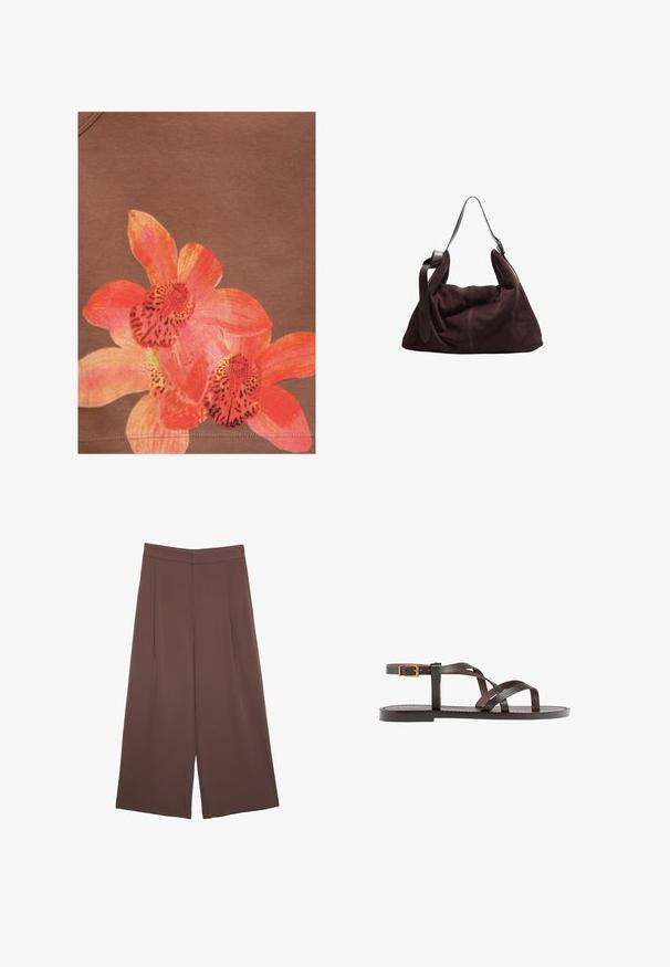 Jasne oranžové a ružové dizajny orchideových kvetov potlačené na hnedom látkovom pozadí s viditeľným šitím pri spodnom okraji.; Hnedé nohavice so širokými nohavicami a hladkou textúrou, s vysokým pásom a prednými skladmi. Tkanina je ľahká a voľne sa pohybuje.; Hnedé kožené sandály s krížovými popruhmi, uzatváraním na pracku okolo členku a plochou podrážkou s minimálnymi ševmi.; Tmavohnedá semišová hobo taška cez rameno so širokým nastaviteľným koženým popruhom a mäkkým, voľne visiacim telom na bielom pozadí.