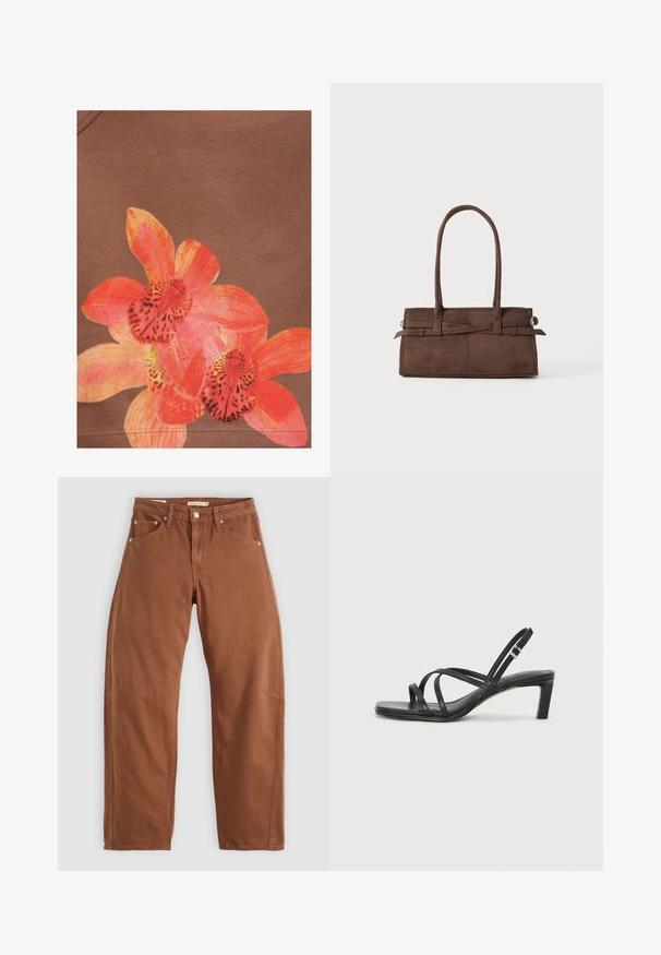 Design di fiori di orchidea arancioni e rosa vivaci stampato su uno sfondo di tessuto marrone con cuciture visibili vicino al bordo inferiore.; Jeans dritti di colore marrone ruggine con tasche anteriori e posteriori, rivetti metallici, chiusura con bottone e passanti per cintura, disposti su uno sfondo bianco.; Sandalo nero con cinturini, dalla punta squadrata e tacco basso a blocco. Presenta diversi cinturini sottili e una cinturini regolabile alla caviglia. Realizzato in pelle liscia.; Borsetta in suede marrone con due manici robusti, forma rettangolare e dettaglio decorativo con cinturino sulla parte anteriore.