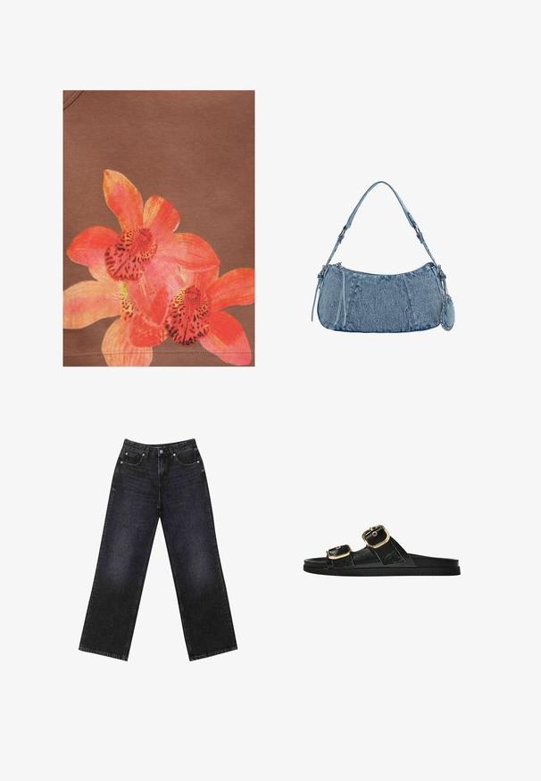 Jasno pomarańczowy i różowy wzór kwiatu storczyka drukowany na brązowym tle, z widocznym przeszyciem w dolnej części.; Czarne dżinsy z wysokim stanem i szerokimi nogawkami, pięciokieszeniowy design oraz widoczne szwy. Materiał ma gładkie, lekko teksturowane wykończenie.; Czarne klapki z dwoma złotymi klamrami, gładki materiał, płaska podeszwa i minimalistyczny design.; Dżinsowa torba na ramię o zaokrąglonym kształcie, w jasnoniebieskim kolorze, z regulowanym paskiem na ramię oraz małą odpinaną kieszonką z metalowymi akcentami.