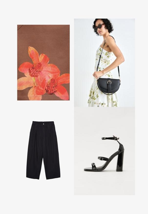 Bright orange and pink orchid flower design printed on brown fabric background with visible stitching near the bottom edge.; Black polyester culotte pants with an elastic waistband, two front pleats, and a loose silhouette. No visible patterns or hardware details.; Black patent heeled sandals with a square toe, ankle straps, and silver buckles. Features a chunky block heel for stability.; Black leather handbag with a curved shape, detachable strap, and gold hardware. The bag features a flap with a buckle detail.
