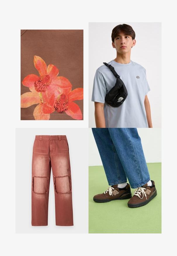 Helles orange- und pinkfarbenes Orchideenblütenmuster auf braunem Stoffhintergrund mit sichtbaren Nähten am unteren Rand.; Rostfarbene Hosen mit verblasster Textur, ausgestattet mit zwei großen, fransigen Ausschnitten an den Knien und normalen Taschen.; Braune Wildleder-Sneakers mit schwarzen Akzenten und einem weißen Logo, versehen mit weißen Schnürsenkeln und einer strukturierten schwarzen Gummisole. Getragen mit blauen Jeans.; Schwarze Nylon-Crossbody-Tasche mit verstellbarem Riemen, die ein auffälliges weißes Logo trägt. Wird über einem hellblauen T-Shirt getragen. Schlichtes, funktionales Design.
