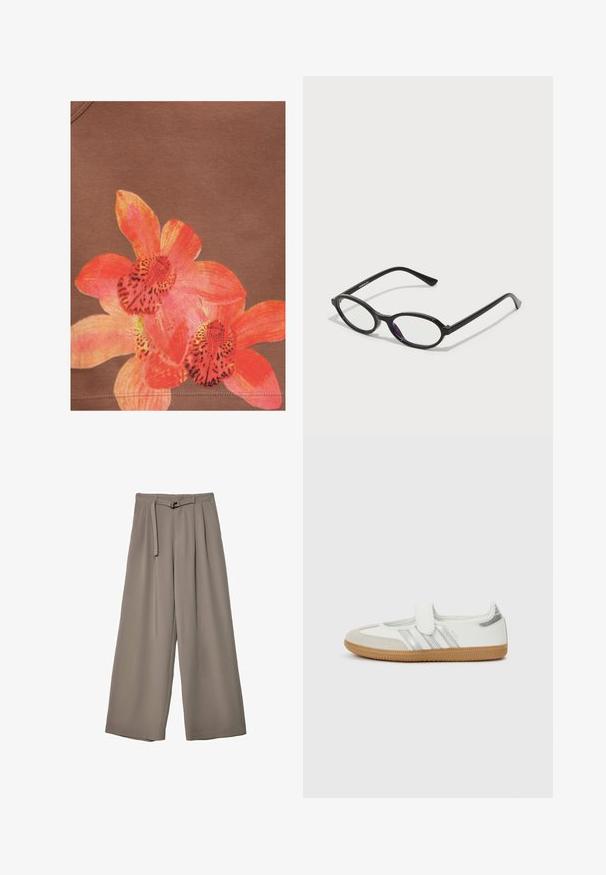 Svetlo oranžna in roza orhideja na tkanini rjave barve, s vidnimi šivi ob spodnjem robu.; Široke hlače iz mehke, umirjene sive tkanine, z pasom, ki ga je mogoče zavezati, in z gubami za dodatne oblikovne podrobnosti. Gladka tekstura, brez vzorcev.; Bela superga s srebrnimi črtami, semiš prstnim pokrovom in trakcem na ježka. Teksturiran podplat iz gumijastega materiala rjave barve. Minimalističen dizajn z gladko površino.; Črne ovalne okvirne očala z prosojnimi vijoličnimi detajli na lečah. Okviri imajo mat zaključek in vitke, ravne nogice.; Bela sintetična torbica v obliki trikotnika, z ravnim sprednjim poklopcem in detajlom mašne, nastavljivim trakom, gladko teksturo in minimalističnim dizajnom.