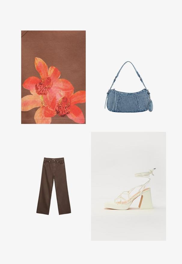 Helles orange- und pinkfarbenes Orchideenblütenmuster auf braunem Stoffhintergrund mit sichtbaren Nähten am unteren Rand.; Weite braune Jeans aus Denim, mit hoher Taille, Fronttaschen und klassischem Knopfverschluss. Glatte Textur mit feinen Nähten.; Weiße High-Heel-Sandale mit einem klobigen Absatz, die über ein Riemchendesign und ein Knöchelband verfügt. Glatte Textur mit einer Plattform vorne für zusätzliche Höhe.; Denim-Handtasche mit geschwungener Form, hellblauer Farbe, verstellbarem Schultergurt und einem kleinen abnehmbaren Täschchen mit metallischen Akzenten.