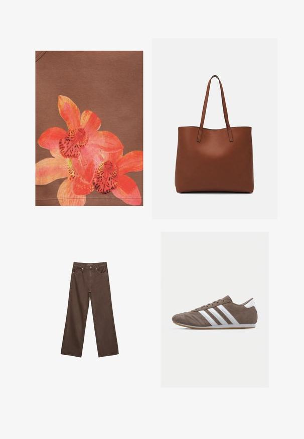 Svetlo oranžna in roza orhideja na tkanini rjave barve, s vidnimi šivi ob spodnjem robu.; Široke rjave kavbojke iz denima, ki imajo visok pas, sprednje žepe in klasično zapiranje na gumb. Gladka tekstura s subtilnim šivom.; Rjav semafor športni copat z belimi črtami, okroglo nos, vezalni dizajn in gumijastim podplatom. Tekstura zgornjega dela s šivi.; Rjava usnjena torba z gladko teksturo, odprto zasnovo zgoraj in dvema naramnima trakovoma. Opremljena je z minimalnim šivanjem in brez vidnih kovinskih delov.