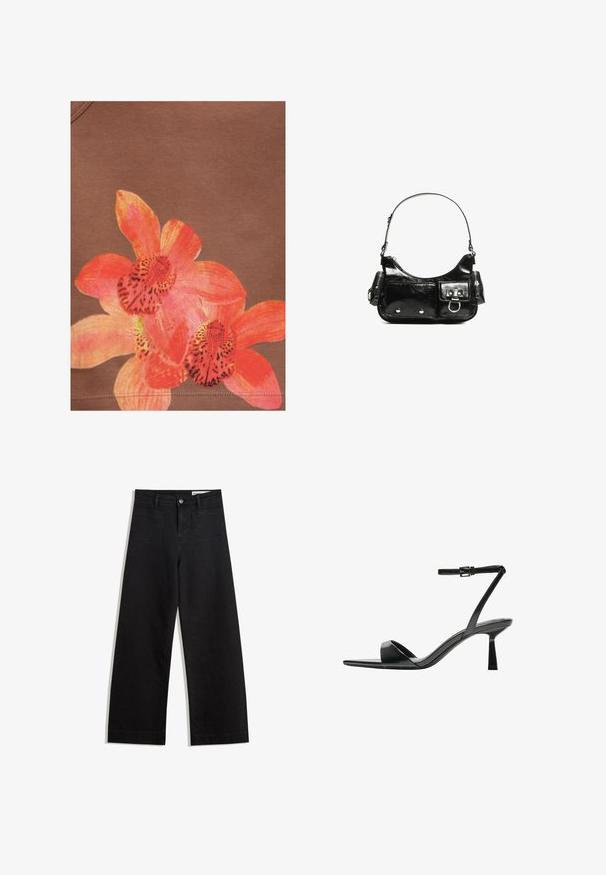 Bright orange and pink orchid flower design printed on brown fabric background with visible stitching near the bottom edge.; Black wide-leg denim pants with a high waist, featuring front and back pockets, stitched seams, and a button closure. Smooth texture.; Bershka High heeled sandals - black; Black patent leather handbag with a curved shape, one shoulder strap, front pockets, and silver-tone hardware accents.
