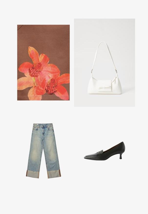 Design di fiori di orchidea arancioni e rosa vivaci stampato su uno sfondo di tessuto marrone con cuciture visibili vicino al bordo inferiore.; Jeans a gamba larga di un blu chiaro in denim, con orlo sfrangiato, cuciture a contrasto e design a cinque tasche con chiusura a bottone.; Scarpa nera in pelle con tacco e punta affusolata, dotata di una fascia decorativa. Presenta un tacco a stiletto basso e una superficie liscia.; Borsa sintetica bianca a forma triangolare, con patta anteriore piatta e dettaglio a fiocco, tracolla regolabile, texture liscia e design minimalista.