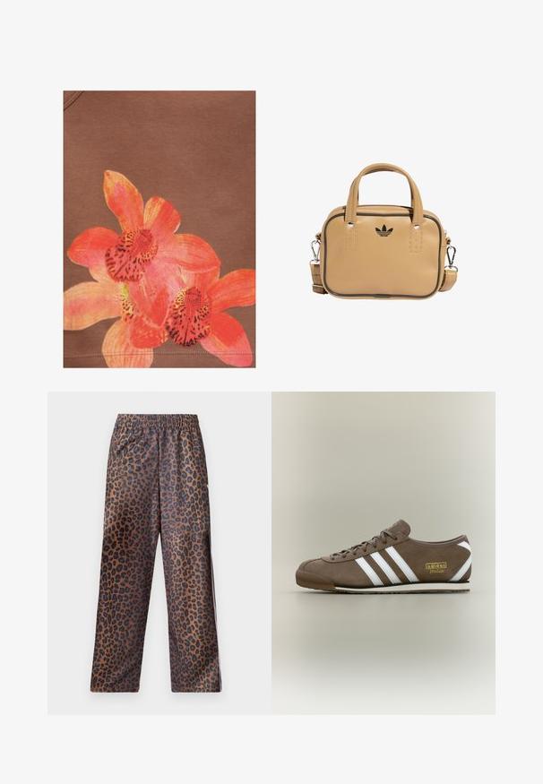 Helles orange- und pinkfarbenes Orchideenblütenmuster auf braunem Stoffhintergrund mit sichtbaren Nähten am unteren Rand.; Leopardmuster-Hosen mit einem elastischen Bund. Hergestellt aus einem glänzenden Stoff, mit einem braunen Grundton und schwarzen Flecken sowie einem lockeren Schnitt.; Brauner Wildleder-Sneaker mit drei weißen Streifen, flacher Gummisohle, rundem Zeh und goldenem "adidas Italia"-Logo an der Seite.; Beige veganes Lederhandtasche mit zwei Griffen, abnehmbarem Schultergurt, schwarzen Akzentnähten und einem kleinen schwarzen Logo auf der Vorderseite.