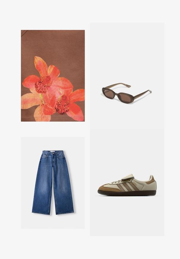 Bright orange and pink orchid flower design printed on brown fabric background with visible stitching near the bottom edge.; Bershka WIDE-LEG - Wide Leg - dark blue; Brown and cream athletic shoe with three beige stripes, suede and leather materials, lace-up design, and rubber sole. Text logo on side.; Brown oval sunglasses with dark lenses. Frame has a transparent brown material and features a logo printed on the temples.; Brown suede tote bag with two shoulder straps, a spacious rectangular shape, and minimalistic design. Soft texture with a smooth finish.