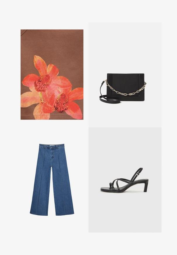 Felgekleurde oranje en roze orchideeën motief afgedrukt op een bruine stof achtergrond, met zichtbare stiksels nabij de onderrand.; Brede denim jeans in medium blauw, met een hoge taille, knoopsluiting en contrasterende verticale naden aan de voorkant.; Zwarte sandaal met bandjes, vierkante teen en een lage blokhak. Voorzien van meerdere dunne bandjes en een verstelbare enkelband. Gemaakt van zacht leer.; Zwarte leren schoudertas met een gladde textuur, rechthoekige vorm en een metallic kettingdetail aan de voorkant. Verstelbare schouderband inbegrepen.