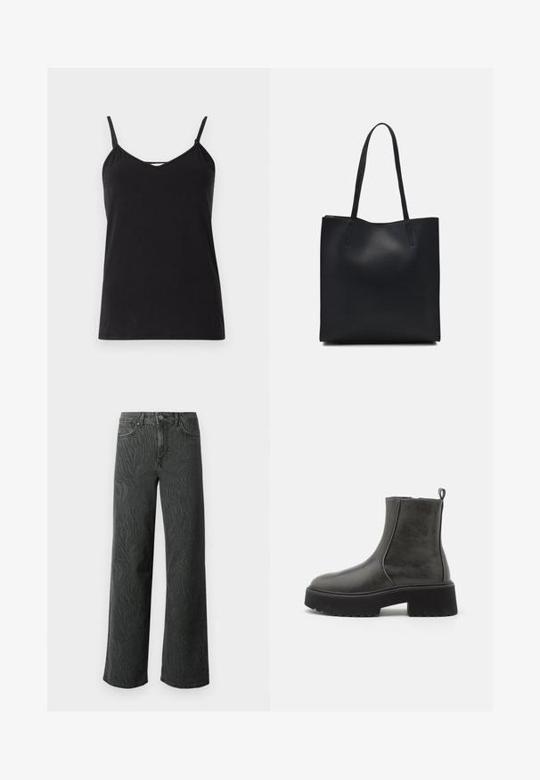 Crna kombinacija s tankim podesivim trakama, V-izrezom i ravnim rubom. Izrađena od mekog, laganog materijala s glatkom teksturom.; Široke traperice od tamno sive denima, s nježnom zebrom uzorak tekstura, kontrastnim šavovima i dizajnom s pet džepova uz dugme.; Crne gležnjače s glatkim sintetičkim gornjim dijelom, elastičnim bočnim panelima, povlačnom petljom i debelim gumennim potplatom.; Crna kožna torba za nošenje s glatkom teksturom, pravokutnim oblikom i dvije duge ručke. Nema vidljivih metalnih dijelova ili ukrasa.