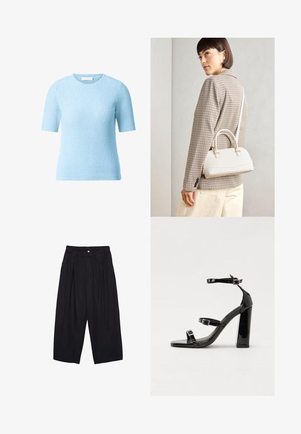 Light blue short-sleeve sweater with a textured ribbed design. Round neckline and soft knit material, suitable for casual wear.; Black polyester culotte pants with an elastic waistband, two front pleats, and a loose silhouette. No visible patterns or hardware details.; Black patent heeled sandals with a square toe, ankle straps, and silver buckles. Features a chunky block heel for stability.; White structured handbag with short handles and a shoulder strap, featuring gold hardware accents and textured material, displayed against a grey background.