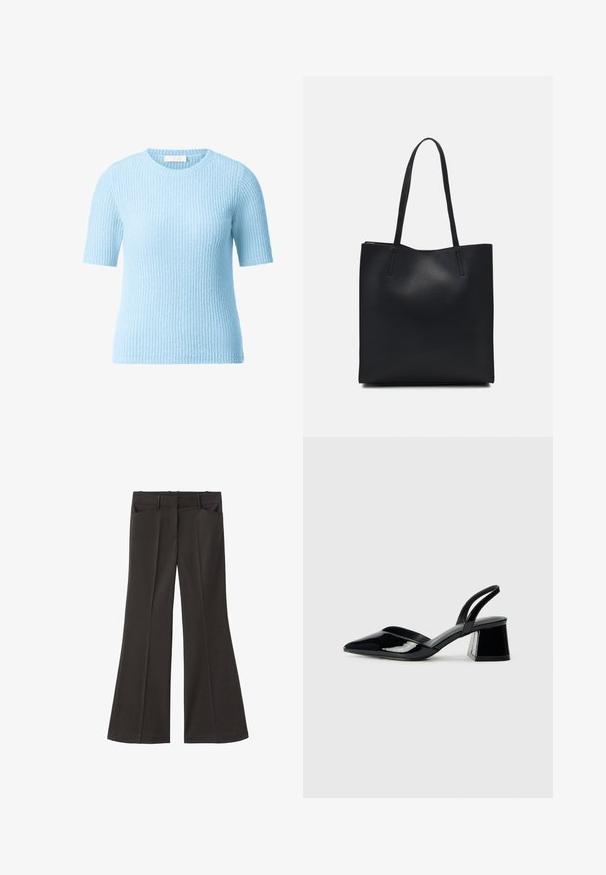 Helles blaugraues Kurzarm-Pullover mit strukturiertem Rippdesign. Rundhalsausschnitt und weiches Strickmaterial, geeignet für legere Anlässe.; Schwarze, weit geschnittene Hosen mit hoher Taille; verfügt über zwei Fronttaschen und eine glatte Stoffoberfläche. Geeignet für verschiedene Anlässe.; Schwarze Lackleder-Slingback-High Heels mit spitzem Schuh und einem geometrischen Blockabsatz. Verfügt über ein schlankes, minimalistisches Design und eine glatte Textur.; Schwarze Laptoptasche aus Leder mit glatter Textur, rechteckiger Form und zwei langen Griffen. Keine sichtbaren Beschläge oder Verzierungen.