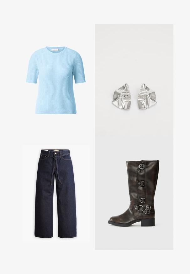 Light blue short-sleeve sweater with a textured ribbed design. Round neckline and soft knit material, suitable for casual wear.; Wide-leg dark blue denim jeans with a high waist, featuring a drawstring tie, five pockets, and contrasting stitching details.; Brown leather knee-high boots with multiple buckles, a round toe, and a low chunky heel. Features a textured finish and adjustable straps.; Silver metal earrings with a wavy, sculptural design featuring a polished finish and irregular shapes, highlighting a contemporary aesthetic.