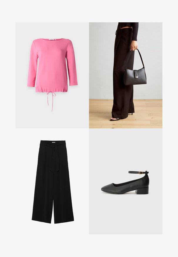 Rózsaszín hosszú ujjú felső, puha anyagból készült, kerek nyakkivágással, két dekoratív gombbal a vállon, és húzózsinórral ellátott, ráncolt alsó rész.; Fekete, bő szárú nadrág, texturált anyagból, rugalmas derékpánttal és levehető sállal a derekán, amely állítható illeszkedést biztosít.; Fekete bőr magassarkú cipő hegyes orral és alacsony tömb sarkal. Bokapánttal rendelkezik, aranyszínű csattal. Simább textúra.; Fekete kézi táska strukturált formával, sima textúrával és fémből készült záródással. Széles fekete nadrággal és nyitott orrú szandállal párosítva, fából készült padlón.