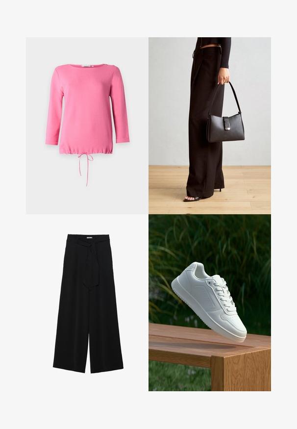 Rosa Langarmoberteil aus weichem Material, mit rundem Ausschnitt, zwei dekorativen Knöpfen auf der Schulter und einem gerafften Kordelzugsaum.; Schwarze weite Hosen aus strukturiertem Stoff, mit elastischem Bund und einem abnehmbaren Bindegürtel in der Taille für eine verstellbare Passform.; Weiße Sneaker mit einem glatten, synthetischen Obermaterial, perforierter Zehenbox, flachen Schnürsenkeln und einer strukturierten Sohle, präsentiert auf einer Holzoberfläche.; Schwarze Handtasche mit strukturierter Form, glatter Textur und einem metallischen Verschluss. Kombiniert mit weiten schwarzen Hosen und offenen Sandalen auf einem Holzboden.