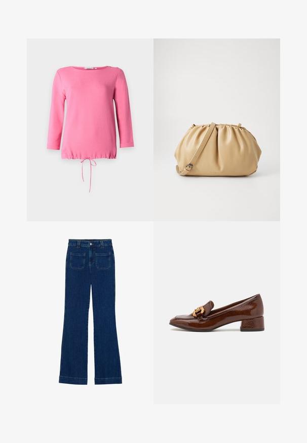 Roosa pikkade varrukatega topp, mis on valmistatud pehmest kangast, ümarate kaelus, õlal kaks dekoratiivset nööpi ja kogutud kummipaelaga alläär.; Tumedat sinised flared teksad, millel on sile tekstuur, viie tasku disain ja nupuga kinnitamine vööl.; Pruunid nahast loafersid läikiva viimistlusega, esiosal dekoratiivne kuldne pannal ja madal plokk konts. Klassikaline disain.; Kohvitooni nahkkott, millel on pleekitud disain, reguleeritav rihm ja ümar kuju. Minimalistlik bränding esipinnal.