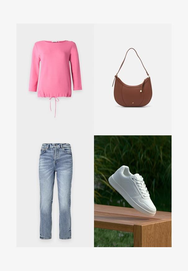 Pink long-sleeve top made of soft fabric, featuring a round neckline, two decorative buttons on the shoulder, and a gathered drawstring hem.; Light blue denim jeans with a straight fit, high waist, faded texture, and five pockets. Features metal button and zipper closure.; White sneaker with a smooth synthetic upper, perforated toe box, flat laces, and a textured sole, displayed on a wooden surface.; Brown faux leather shoulder bag with curved shape, minimal stitching, and a gold-tone hardware accent. Features a top zipper closure and adjustable strap.
