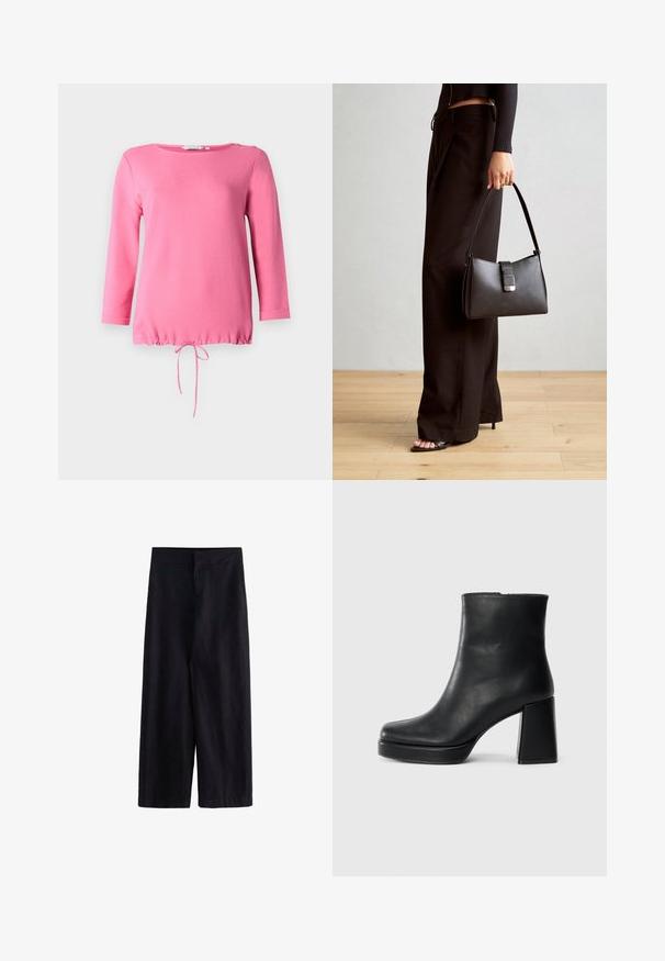 Rosa Langarmoberteil aus weichem Material, mit rundem Ausschnitt, zwei dekorativen Knöpfen auf der Schulter und einem gerafften Kordelzugsaum.; Schwarze weite Hosen aus leichtem Stoff. Mit einem flachen Bund, einem Reißverschluss vorne und Taschen ausgestattet, geeignet für Freizeit- oder formelle Anlässe.; Schwarze Leder-Stiefelette mit Blockabsatz und Plattformsohle, seitlich auf einem schlichten weißen Hintergrund betrachtet.; Schwarze Handtasche mit strukturierter Form, glatter Textur und einem metallischen Verschluss. Kombiniert mit weiten schwarzen Hosen und offenen Sandalen auf einem Holzboden.