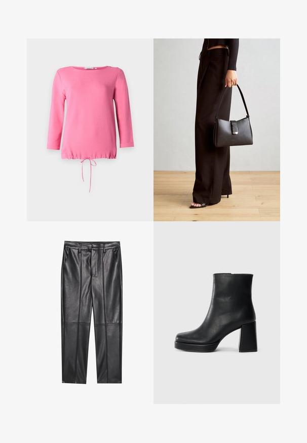 Roza bluzica z dolgimi rokavi, narejena iz mehkega materiala, z okroglo izrezano ovratnikom, dvema okrasnima gumboma na rami in nabrano vrvico na robu.; Črne usnjene hlače z gladko teksturo, z ravnim krojem, dvema sprednjima žeparjema in vidnimi šivi.; Črne usnjene gležnjarje z blok peto in platformo, prikazane s strani na enobarvni beli podlagi.; Črna torbica z strukturirano obliko, gladko teksturo in kovinskim zaponko. Ujemajo se z širokimi črnimi hlačami in odprtimi sandali na lesenem tleh.