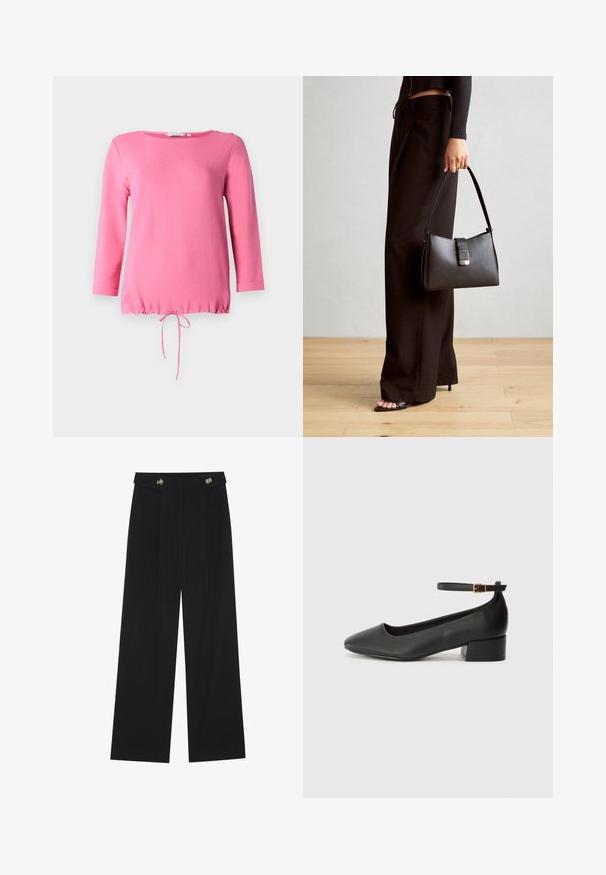 Pink long-sleeve top made of soft fabric, featuring a round neckline, two decorative buttons on the shoulder, and a gathered drawstring hem.; Black wide-leg trousers with high waist, button details on waistband, and front pleats.; Black leather pump with a pointed toe and a low block heel. Features an ankle strap with a gold-tone buckle. Smooth texture.; Black handbag with structured shape, smooth texture, and a metallic clasp. Paired with wide black pants and open-toe sandals on wooden floor.
