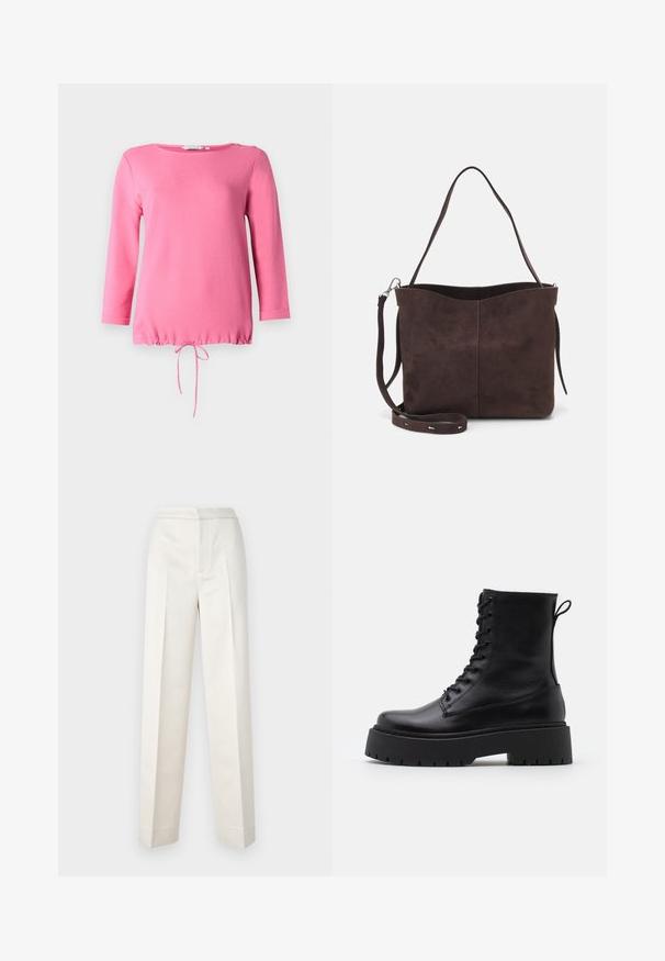 Rozā krekls ar garām piedurknēm, izgatavots no mīksta auduma, ar apaļu kakla izgriezumu, divām dekoratīvām pogām uz pleca un savelkamām malām.; Krēma krāsas bikses ar pielāgotu piegriezumu, ar taisnu nogriezumu, gludu audumu, priekšējo krokām un tīru apdari. Minimalistisks dizains.; Melni ādas potītēm zābaki ar apļveida purngalu, auklām priekšpusē un biezu gumijas zoli ar teksturētu protektoru. Velkšanas cilpa aizmugurē.; Brūns zamšādas roku soma ar mīkstu tekstūru, aprīkota ar vienu plecu siksnu un nelielu izliekta augšējā atvēruma dizainu. Nav redzamu metāla detaļu.