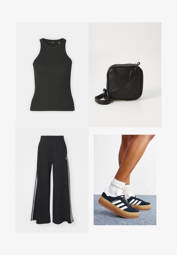 Black ribbed tank top with a high neckline and sleeveless design. Features a fitted silhouette and soft texture.; Black wide-leg sweatpants with an elastic waistband, featuring white side stripes and an embroidered logo on the left thigh.; Black suede sneakers with white stripes and accents, rounded toe, gum rubber outsole, paired with white ribbed crew socks.; Black square crossbody bag made of textured synthetic material. Features an embossed logo design and adjustable strap. Zipper closure.