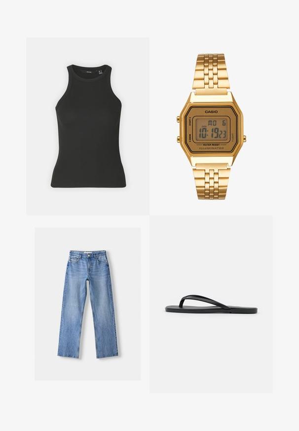 Black ribbed tank top with a high neckline and sleeveless design. Features a fitted silhouette and soft texture.; Light blue denim jeans with a straight leg design, featuring five pockets, a front button closure, and subtle fading for texture.; Black flip-flop featuring a minimalist design with a flat sole, narrow straps, and a smooth texture. No additional patterns or accents.; Gold digital watch with a rectangular face, LCD display, stainless steel band, and buttons on the side. Features a water-resistant label.