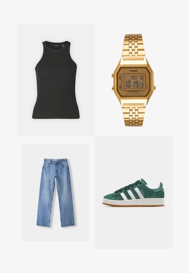 Top fără mâneci, negru, cu un guler înalt și un design cu textură riglată. Prezintă o siluetă ajustată și o textură moale.; Jeanși din denim de culoare albastru deschis, cu croială dreaptă, având cinci buzunare, închidere cu nasture în față și decolorări subtile pentru textură.; Tenis verde din suede cu dungi albe din piele, talpă din cauciuc, guler căptușit și design minimalistic. Prezintă branding pe lateral.; Ceas digital auriu cu un cadran dreptunghiular, ecran LCD, bratara din otel inoxidabil si butoane pe lateral. Are eticheta de rezistenta la apa.