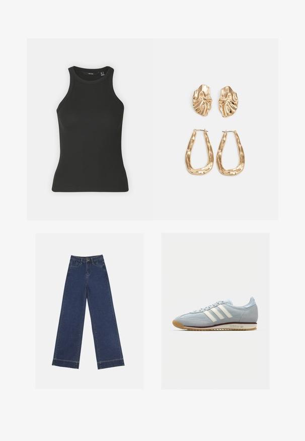 Must mustriba tank ülikond, millel on kõrge kaelus ja ilma varrukateta disain. Omab kaunist siluetti ja pehmet tekstuuri.; Laiad püksid tumedast sinisest denimist. Omab viit taskut, vöölõke ja toore äärega allosas, kus on nähtavad õmblused.; Heledad sinine sametist tennis, millel on valged kolm triipu, kummitald ja tekstureeritud sisu. Tooteomadused hõlmavad sujuvat varbakatet ja brändingut kontsapooles.; Kuldse värvi kõrvarõngad, mis on kaunistatud tekstuursete ja laineliste kujunditega. Komplektis on skulpturaalsed klamber kõrvarõngad ja avatud rõngasdisain, millel on lõhestatud viimistlus.