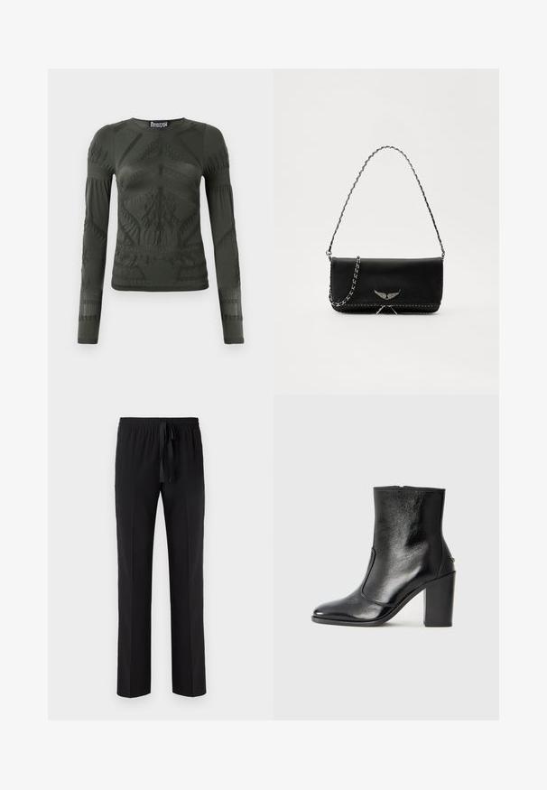 Sötétzöld, hosszú ujjú felső, elasztikus anyagból, texturált mintákkal és bordázott részletekkel az ujján és a törzsén.; Fekete nadrág elasztikus derékrésszel és állítható zsinórral, egyenes lábformával és sima textúrával. Nincsenek minták vagy díszítések.; Fekete bőr bokacipő sima textúrával, hegyes orral és vastag, magas sarkával. Oldalnyílással és minimalista dizájnnal rendelkezik.; Fekete bőrtáska ezüstlánc pánttal, díszes szárnyakkal és fehér varrással az alsó varrat mentén.