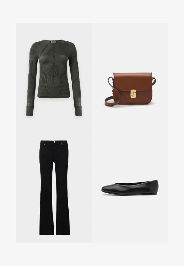 Tumma vihreä pitkähihaine paita, joka on valmistettu venyvästä kankaasta ja jossa on teksturoituja kuvioita sekä taitteita hihojen ja vartalon alueella.; Mustat levenevät farkut, valmistettu denimi- materiaalista, varustettu kahdella etutaskulla, napin sulkimella ja sileällä pinnalla. Alussa näkyviä erityisompeleita.; Paul Smith TOPANGA - Ballerinat - black; Ruskea nahkainen käsilaukku, jossa on läppäkiinnitys, kultasävyiset yksityiskohdat, olkahihna ja sileä pinta. Kompaktin suorakaiteen muotoinen.