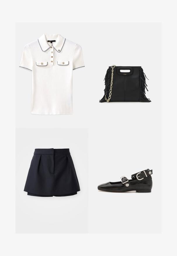 Biely pruhovaný polo tričko s golierom, s námorníckym lemovaním, zlatými gombíkmi a dvoma malými klopovými vreckami vpredu.; Námorné plisované šortky s vysokým pásom, vyrobené z hladkej látky. Majú priliehavý strih a skrytú prednú kapsu.; Čierne lakované baleríny so štvorcovou špičkou, remienkom okolo členka so striebornými prvkami a plochou podrážkou. Hladký povrch s minimalistickým dizajnom.; Čierna kožená kabelka s strapcami, zlatým reťazovým ramenným popruhom a vykrojenou rukoväťou. Na prednej strane sa nachádza logo.