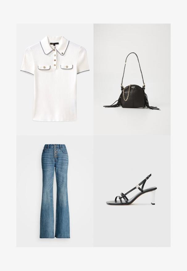 Polo blanc à côtes avec col, présentant des bordures bleu marine, des boutons dorés et deux petites poches à rabat à l'avant.; Jeans en denim bleu taille haute, évasés, avec une fermeture à bouton et des poches avant. Présente un haut ajusté et des jambes larges avec un ourlet brut.; Sandales à talons noirs avec plusieurs fines lanières, un design slingback et un accent argenté sur le talon. Matière supérieure lisse et talon carré.; Sac en cuir noir avec une forme arrondie, présentant des accents de franges, une longue bandoulière et un détail en chaîne dorée.