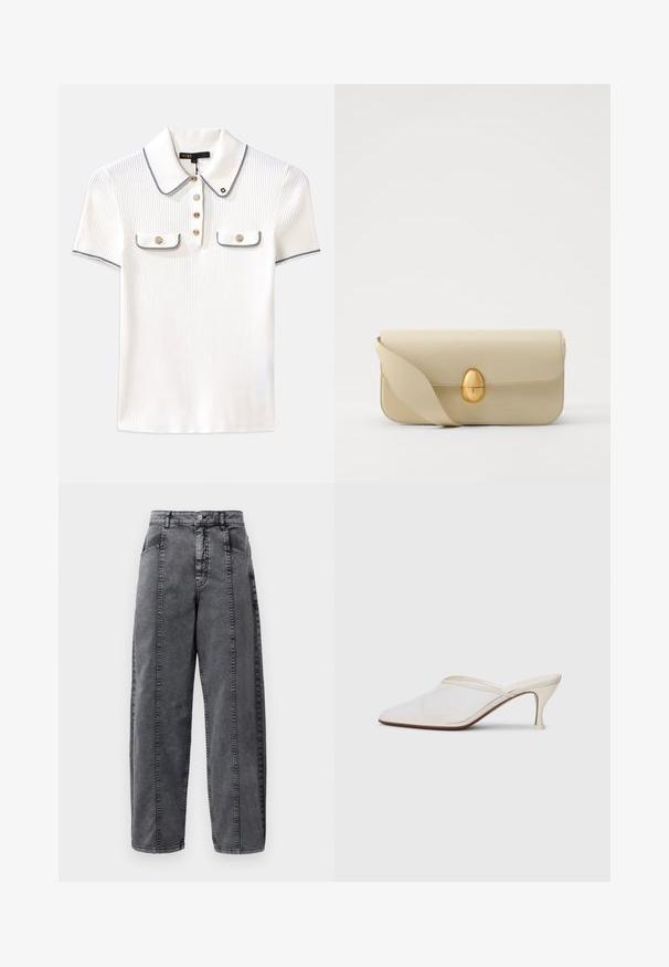 Vit ribbad poloshirt med krage, prydd med marinblå detaljer, guldknappar och två små älvtryckta fickor fram.; Höga grå tvättade denimbyxor med fram- och sidofickor, knäppning med knapp och synliga vertikala sömdetaljer.; Vit nät-mule med spetsig tå, smal klack i medelhöjd och slip-on design mot en enkel bakgrund.; Beige läderhandväska med en slät yta, rektangulär form och en gyllene oval lås. Har en lång, justerbar rem.