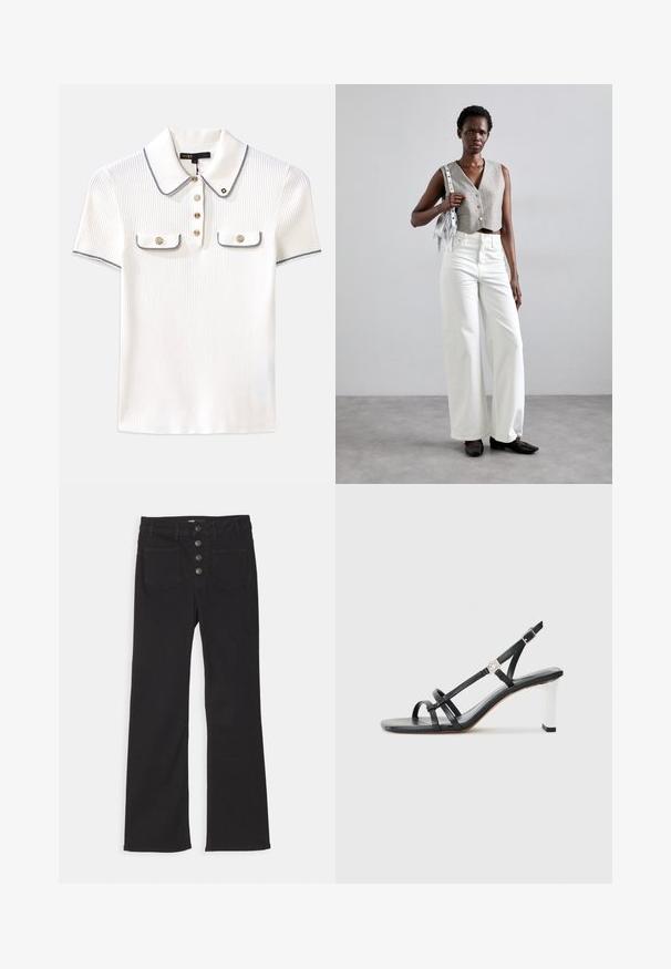 White ribbed polo shirt with a collar, featuring navy trim, gold buttons, and two small flap pockets on the front.; Black denim flared jeans with a high waist, five-pocket design, and a front button closure featuring four metal buttons.; Black heeled sandals with multiple narrow straps, a slingback design, and a silver accent on the heel. Smooth upper material and square heel.; Gray cropped vest with buttons, paired with white wide-leg jeans and black flat shoes. Accessorized with a small silver fringe bag.