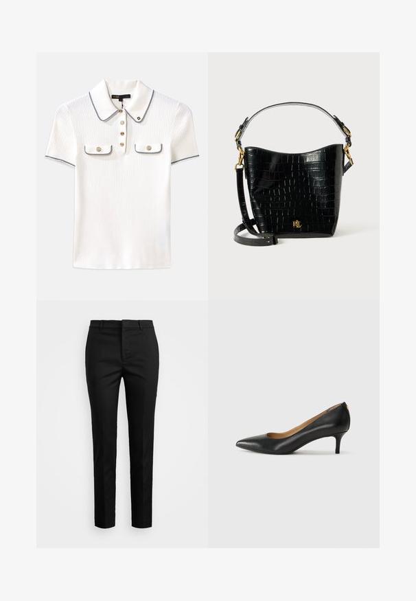 Polo alb cu dungi, cu guler, având dungi bleu marin, butoane aurii și două mici buzunare cu clapă în față.; Pantaloni negri din stofa fină, cu croială slim. Confecționați dintr-un material neted, cu un front plat, bucle pentru curea și un ușor luciu. Design cu picior drept.; Pantofii din piele neagră au vârful ascuțit, toc mic și o textură netedă. Au o deschidere ușoară în față și un hardware minim în spate.; Geantă din piele cu embossare croc neagră, cu o formă curbată, accente din metal aurit, curea ajustabilă și un detaliu cu logo în față.