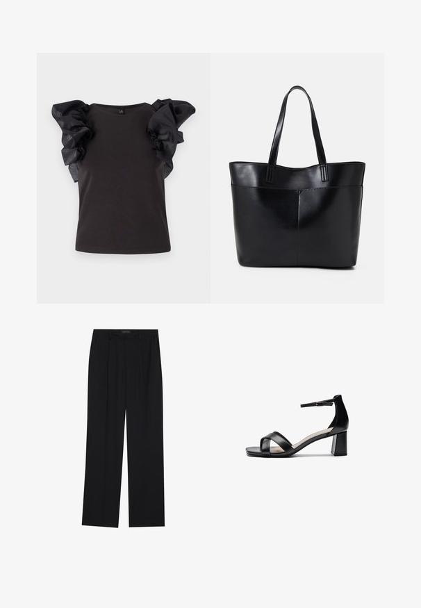 Top nero con maniche corte e svolazzanti in chiffon trasparente. Il corpo è aderente con scollatura rotonda e una superficie liscia. Leggero lucido sulle maniche.; Pantaloni neri con un design a gamba dritta, dotati di due tasche frontali e di una vita. Realizzati in un tessuto morbido e leggero.; Sandalo con tacco aperto nero, con cinturini incrociati, fibbia regolabile alla caviglia e tacco spesso, con una texture in pelle liscia.; Borsa a tracolla in pelle nera con due manici lunghi, una texture liscia e una forma strutturata. Presenta una tasca frontale per ulteriore spazio di archiviazione.