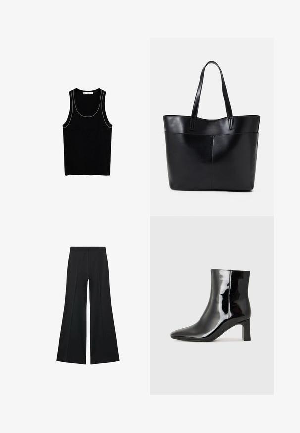 Top de tips negru, cu dantelă largă și detalii subțiri de cusătură albă pe margini. Confecționat dintr-un material moale și texturat.; Pantaloni negri cu croială largă, având o textură netedă, cu pliseuri frontale și un design croit. Materialul este ușor și fluid.; Botine negre din piele lacuită, cu vârful ascuțit și toc bloc de înălțime medie. Textură netedă și design minimalist.; Geantă oversized din piele neagră, cu două mânere lungi, de textură netedă și formă structurată. Are un buzunar frontal pentru stocare suplimentară.