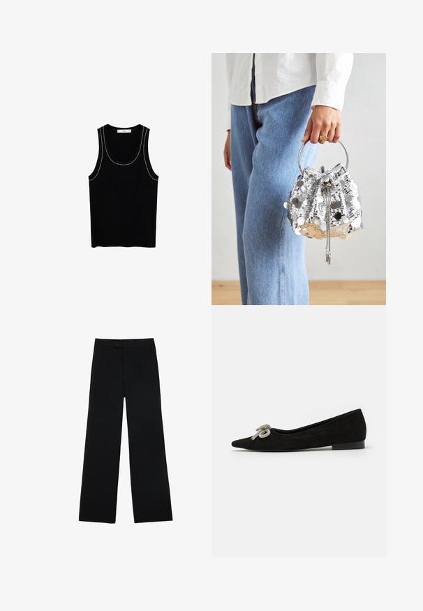 Crni rebrasti top bez rukava s širokim izrezom i tankim bijelim šavovima duž rubova. Izrađen od mekog, teksturiranog materijala.; Crne široke hlače od glatke tkanine, s prednjim kopčanjem na gumb i dva pregiba za dodatne detalje. Ukupno krojenje.; Crna semiš balerinka s oštrim nosom, ukrašena dekorativnom srebrnom mašnom sprijeda, s niskom petom.; Srebrna torba sa šljokicama u obliku kante s kružnom metalnom drškom; ima zatvaranje na vezicu i lance kao ukrase, postavljena na svijetli traper i bijelu tkaninu.