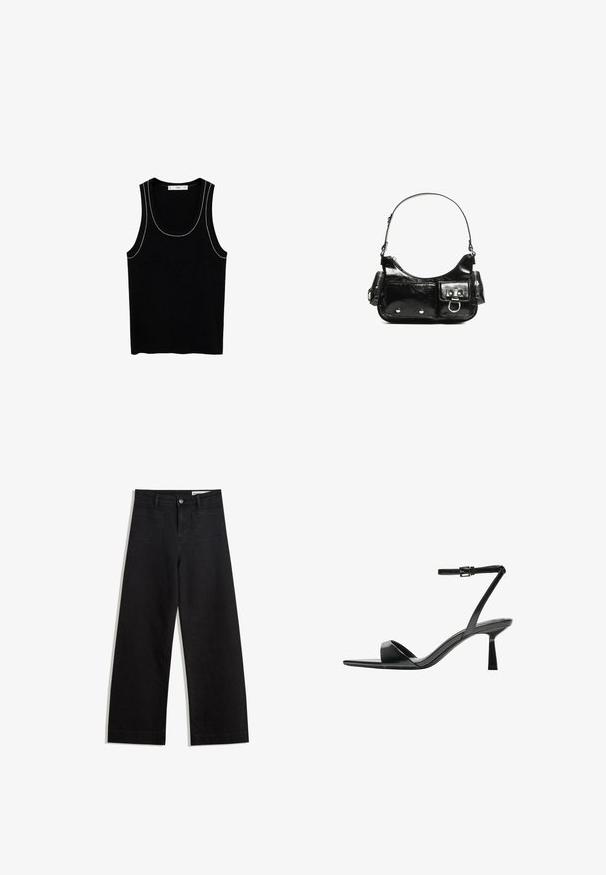 Black ribbed tank top with wide neckline and thin white stitching details along the edges. Made from a soft, textured fabric.; Black wide-leg denim pants with a high waist, featuring front and back pockets, stitched seams, and a button closure. Smooth texture.; Bershka High heeled sandals - black; Black patent leather handbag with a curved shape, one shoulder strap, front pockets, and silver-tone hardware accents.