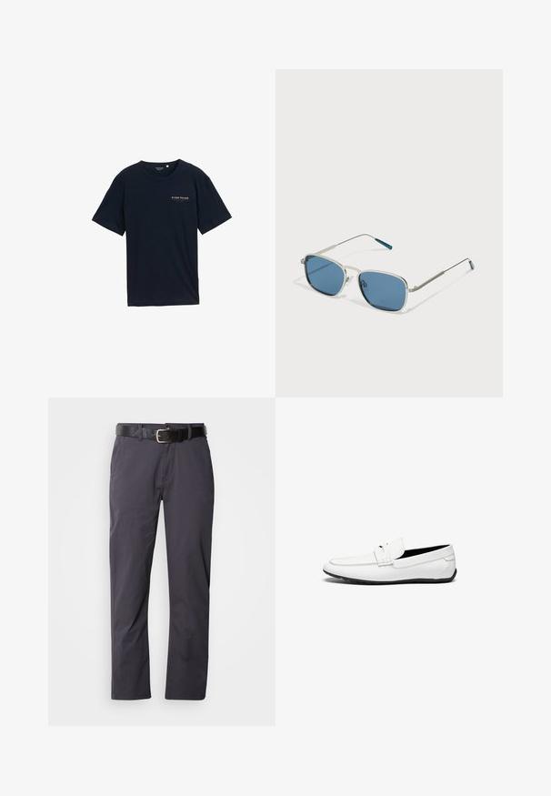 Tamsiai mėlynas medvilninis marškinėliai su apvalia iškirpte ir trumpomis rankovėmis. Pirmame plane matomas mažas raudonas tekstinio logotipo elementas krūtinėje. Standartinio kirpimo, lygi tekstūra.; Juodos medvilnės kelnės su tiesiu kirpimu, su dviem priekinėmis kišenėmis ir diržu. Audinys turi lygų paviršių ir matinį apdailą.; Balti odiniai loafersai su lygiu paviršiumi, siuvinėtu akcentu, apvaliu pirštu ir juodu gumininiu padu, užtikrinančiu sukibimą.; Akiniai nuo saulės su sidabro metalo rėmu, stačiakampiais mėlynais objektyvais ir plonomis kojelėmis. Akcentai mėlynos spalvos ant šventyklų galiukų.