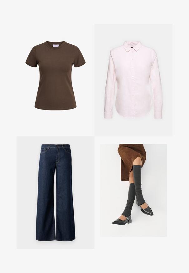 Rjava bombažna majica s kratkimi rokavi in okroglo izrezom. Ima prilegajoč dizajn in minimalne šive. Oznaka je vidna znotraj izreza.; Svetlo roza srajca z dolgimi rokavi in gumbasto ovratnikom, ki ima ravno obrobo in mehak občutek, izdelana iz lahkotne bombažne tkanine.; Široke hlače iz temnega modrega denima. Imajo kontrastno šivanje, pet žepov in gumbasto zapiranje v pasu. Gladka tekstura.; Črne lakirane čevlje s pointy prsti in blok peto ter z naramnicami za gleženj, ki jih kombiniramo s sivimi rebrastimi nogavicami in rjavim suknjičem iz usnja.