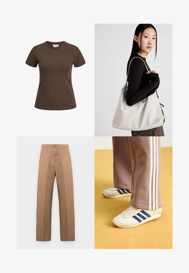 Kraftīgas krāsas kokvilnas T-krekls ar īsām piedurknēm un apaļu kakla izgriezumu. Ievērojams pieguļošs dizains un minimāli šuvju detaļas. Etiķete redzama iekšpusē kakla izgriezumā.; Brūnas kokvilnas bikses ar taisnu kāju dizainu, ar pogas aizdari, jostas cilpām un minimālām šuvēm tīram izskatam.; Krēma krāsas kedas ar zilo zamšādu svītrām, baltām auklām un gumijas zoli. Apvienotas ar pelēkām sporta biksēm ar baltām sānu svītrām.; Bežs rokassoma, izgatavota no mīksta materiāla, ar brīvu dizainu, izšūtu apdari un divām plecu siksnām. Piemērota ikdienas lietošanai.