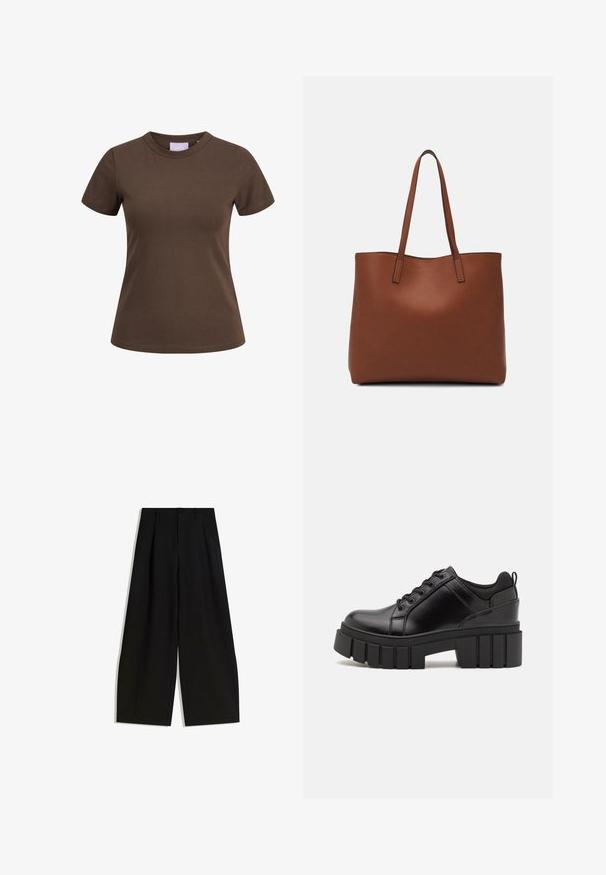Hnedé bavlnené tričko s krátkymi rukávmi a okrúhlym výstrihom. Má priliehavý strih a minimálne švy. Štítok viditeľný vo vnútri výstrihu.; Čierne široké nohavice vyrobené z hladkej tkaniny, s vysokým pásom, záhybmi vpredu a žiadnymi viditeľnými ozdobami alebo vzormi.; Čierne kožené platformy s masívnym blokovým podpätkom, okrúhlou špičkou a tradičným šnurovaním. Má hladký povrch a minimálne detaily.; Hnedá kožená taška na rameno s hladkou textúrou, otvoreným vrchom a dvoma ramenými popruhmi. Má minimálne šitia a žiadne viditeľné kovania.