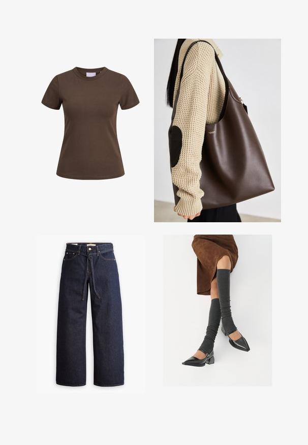 Brown cotton t-shirt with short sleeves and a round neckline. Features a fitted design and minimal stitching detail. Label visible inside neckline.; Wide-leg dark blue denim jeans with a high waist, featuring a drawstring tie, five pockets, and contrasting stitching details.; Black patent leather pointed-toe shoes with a block heel and ankle strap, paired with gray ribbed leg warmers and a brown suede skirt.; Brown leather tote bag with a spacious design. Features a smooth texture and a subtle gold logo. Paired with a cream knit sweater.