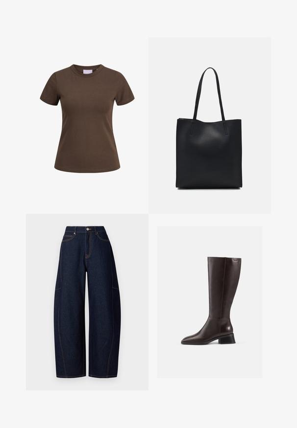 Tricou din bumbac maro, cu mâneci scurte și gât rotund. Prezintă un design ajustat și detalii minime de coasere. Eticheta este vizibilă în interiorul gâtului.; Pantaloni din denim bleu închis cu picioare largi, cusături contrastante portocalii, cinci buzunare și sistem de închidere cu nasture și fermoar la talie.; Botine din piele maro, până la genunchi, cu finisaj neted, vârf rotund și toc negru, stratificat. Design simplu, cu detalii hardware minime.; Geantă tote neagră din piele, cu textură netedă, formă rectangulară și două mânere lungi. Fără hardware vizibil sau ornamente.