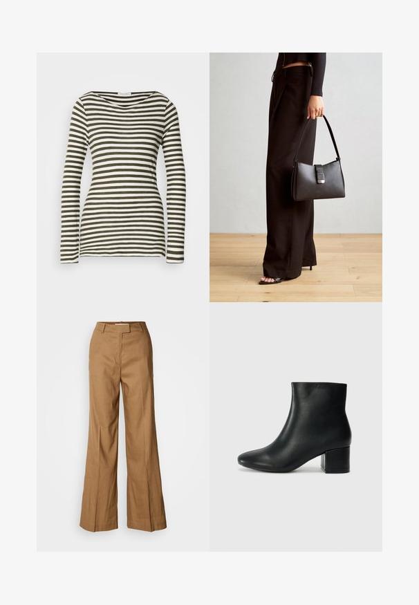 Hosszú ujjú póló kerek nyakkivágással, zöldfokozatos és fehér vízszintes csíkok váltakozásával. Puha, könnyű anyagból készült.; Barna, széles szárú nadrág könnyű anyagból. Jellemzője a sima elülső rész, övhurkok és az alakra szabott sziluett, boka hosszúságú kivitelben.; Fekete bőr bokacsizma hegyes orral és vastag sarokkal. Sima felület minimális díszítéssel és karcsú, passzos kialakítással.; Fekete kézi táska strukturált formával, sima textúrával és fémből készült záródással. Széles fekete nadrággal és nyitott orrú szandállal párosítva, fából készült padlón.