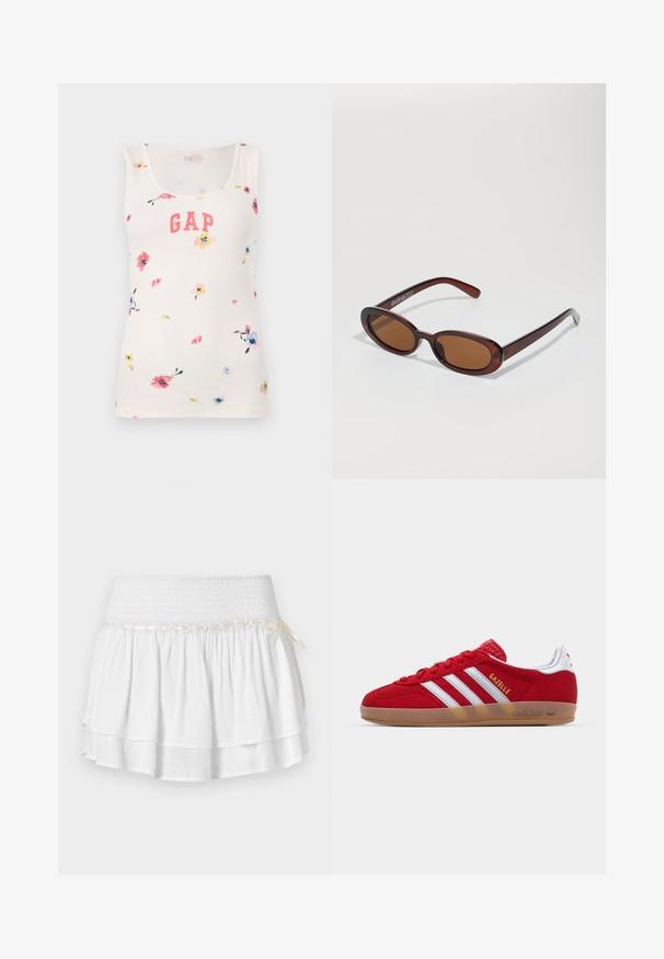 White ribbed tank top with multicolored floral print and a coral "GAP" logo on the front. Features a scooped neckline and sleeveless design.; White tiered skirt with an elastic waistband, featuring a textured smocking detail and a decorative ribbon accent. Cotton fabric.; Red suede sneaker with white three-stripe design and gold "Gazelle" text. Features a rubber gum sole and textured heel.; Round, brown-tinted sunglasses with a glossy burgundy frame. Slim arms with subtle branding detail. Flat lens design.; Woven straw basket bag with brown leather accents, two handles, and a detachable strap. Curved shape with a sturdy base.