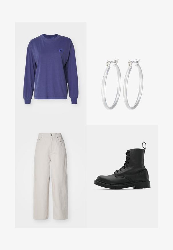 Carhartt WIP NELSON - Longsleeve - aura garment dyed; Beige wijde katoenbroek met hoge taille, knoop- en ritssluiting, en vier zakken; zachte textuur met denimafwerking.; Zwarte leren gevechtslaars met een ronde neus, vetersluiting aan de voorkant en een lusje bij de enkel. Kenmerkt zich door een dikke rubberen zool voor duurzaamheid.; Zilveren oorbellen in de vorm van een gladde, gepolijste ring. Ronde vorm met een veilige kliksluiting. Lichtgewicht ontwerp, geschikt voor dagelijks gebruik.