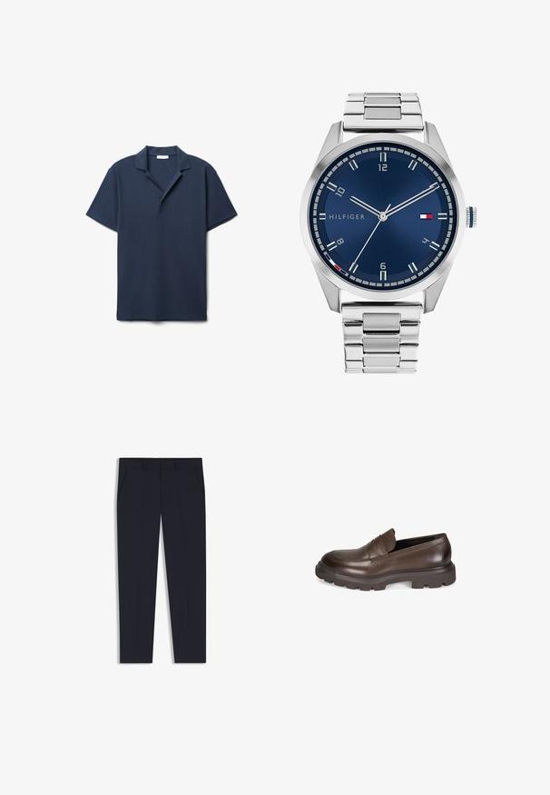 Navy blue polo shirt with a relaxed fit, short sleeves, and a two-button placket. Made from textured cotton fabric.; Navy trousers with a tailored fit, featuring two front pockets, a flat front design, and a smooth texture. No visible patterns or embellishments.; Desa Slip-ons - brown; Silver metal watch with a brushed blue dial, white hour markers, and a date display. Features a linked metallic band and brand logo.